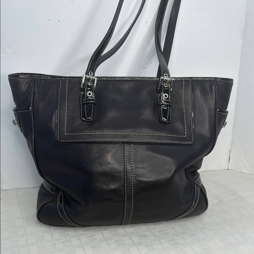 Coach Black Leather Tote with Silver Hardware - Picture 3 of 9